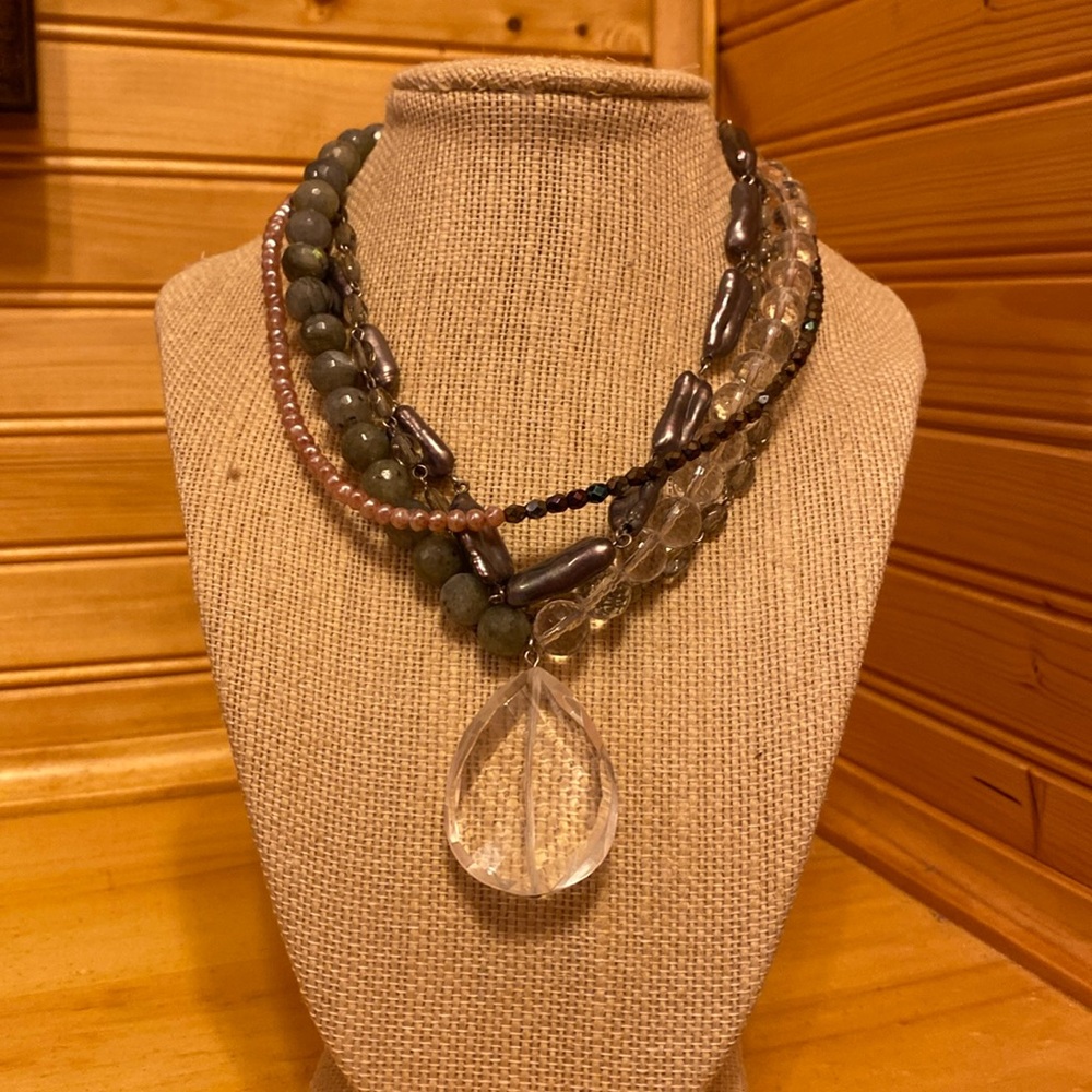 David Aubrey Torsade Necklace Quartz, Grey Biwa Baroque Pearls, Green Aventurine